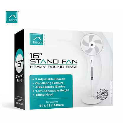 Knight 16" Pedestal Fan, Matt Finish With Rotary Knob, Heavy Round Base White or Black