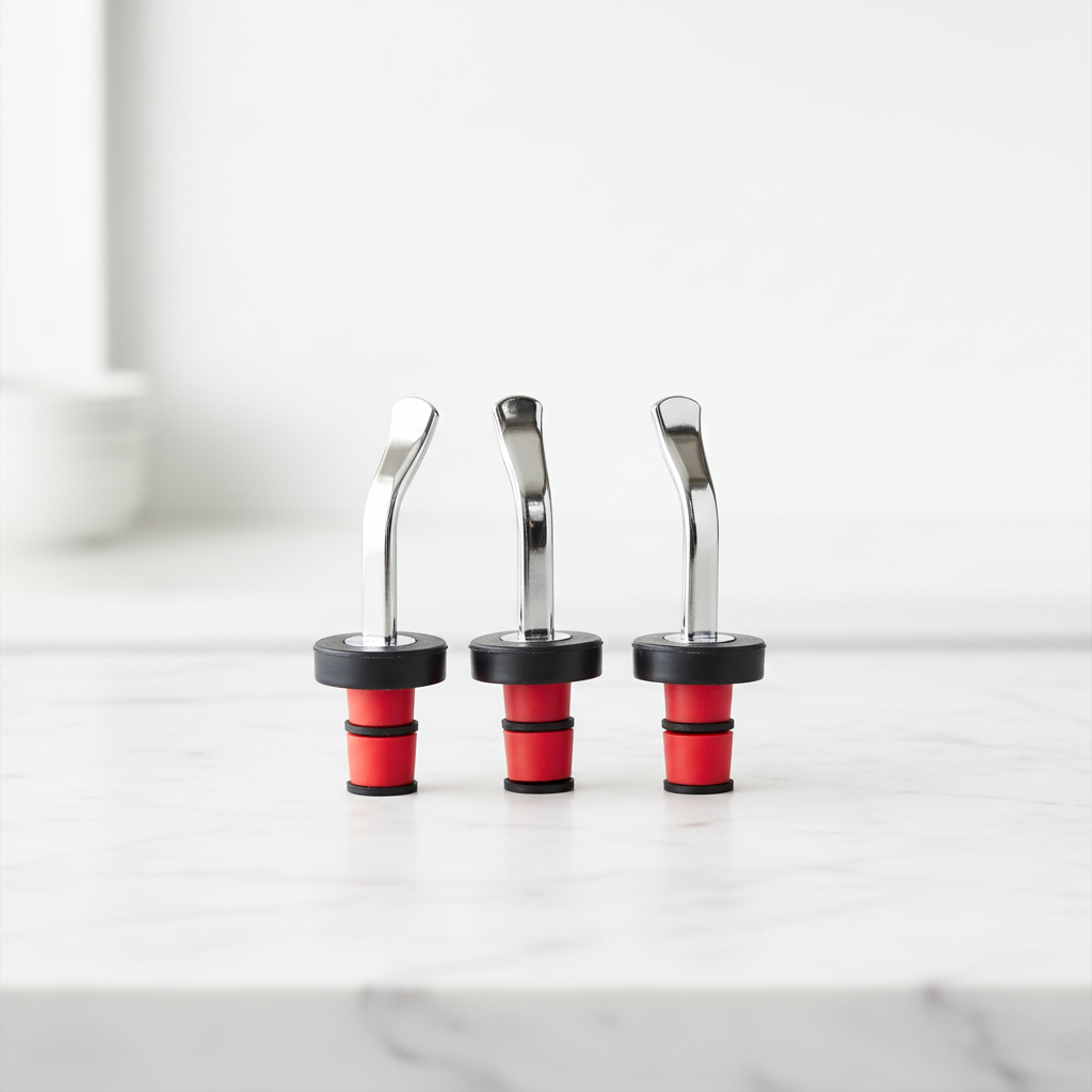 Three bottle nozzles with red and black designs on a white surface